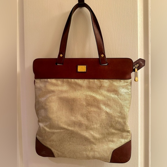 Burberry Brown Genuine Leather Brushed Gold Canvas Tote Bag Purse - Picture 1 of 12